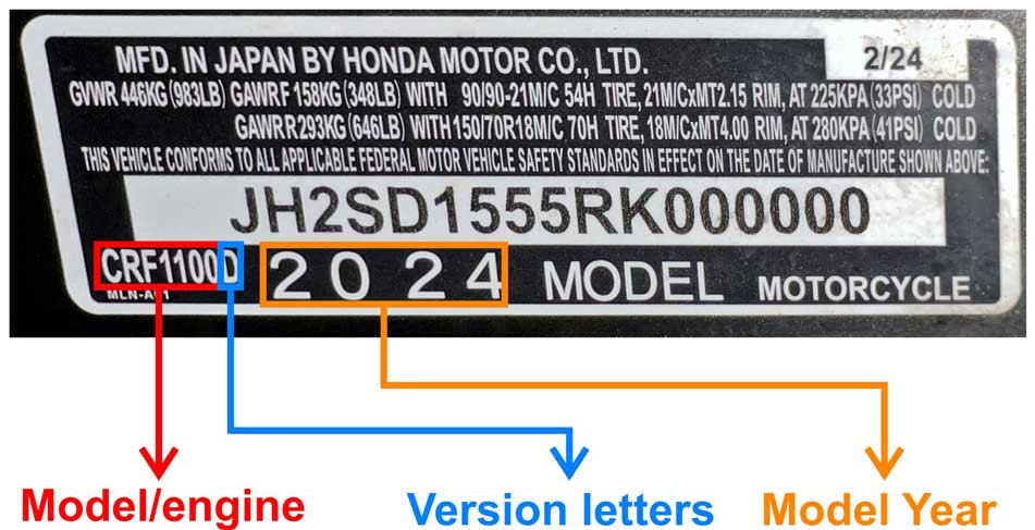 Honda model sticker example showing CRF1100D and 2024